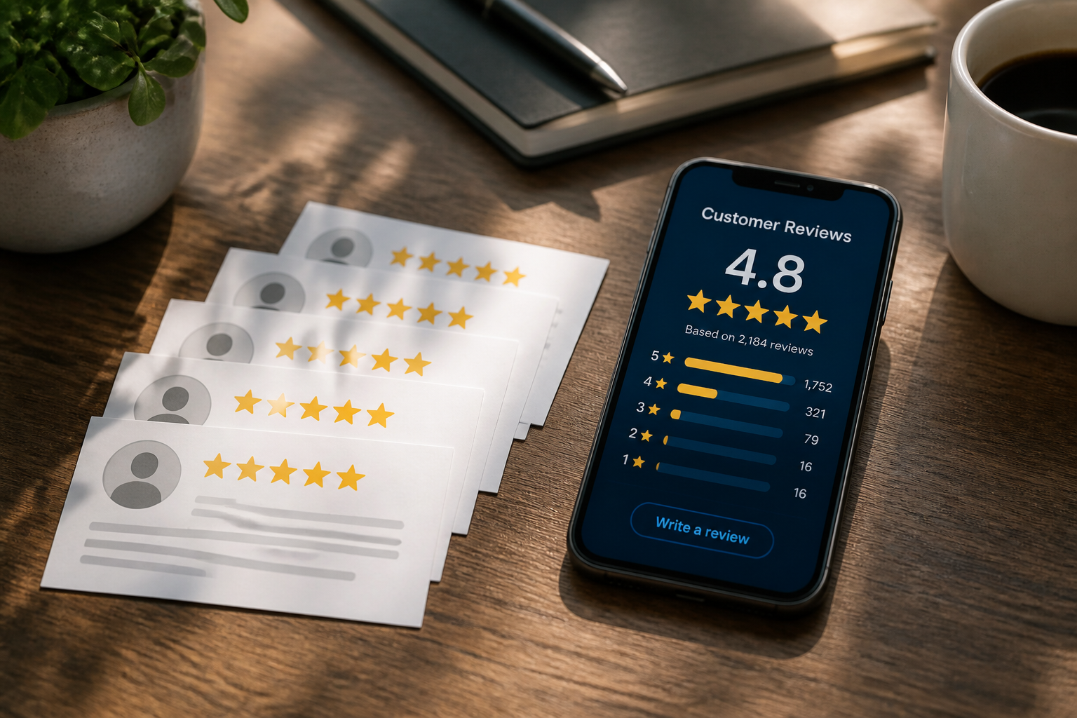 Review cards and phone — online reputation